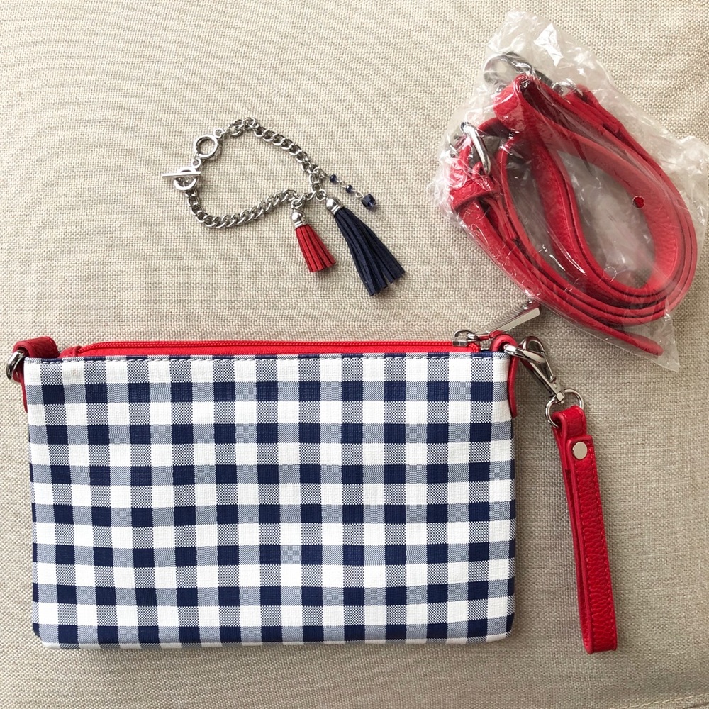 Gingham Navy, Red & White Clutch And Bracelet